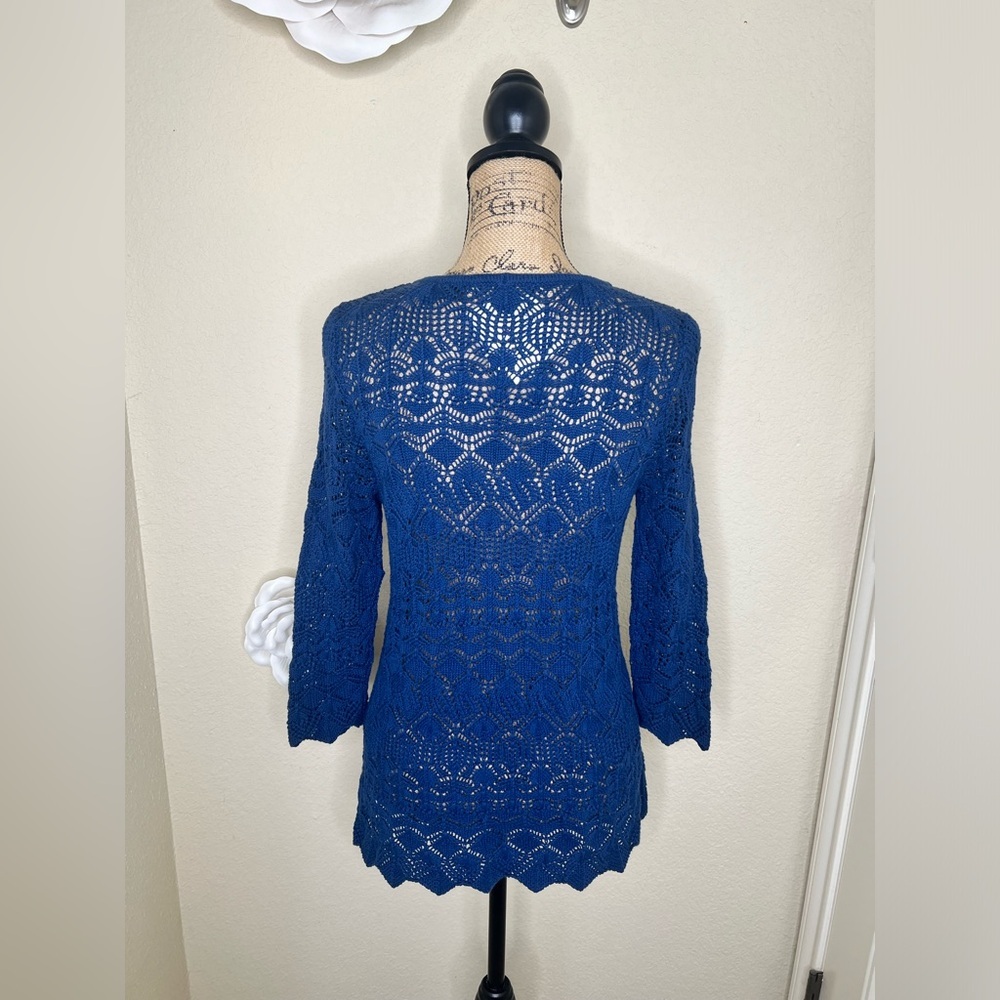 NTM Jeanne Pierre Blue Crochet Pullover Sweater NWT Scoop Neck 3/4 Sleeve Small - Picture 9 of 15